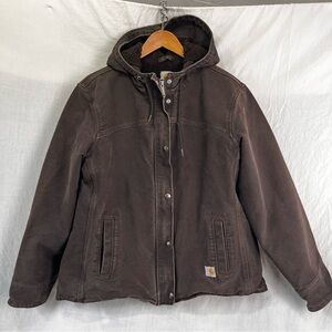 Carhartt Sandstone Berkley Jacket Women L 12 14 Brown Sherpa Lined Hooded Coat